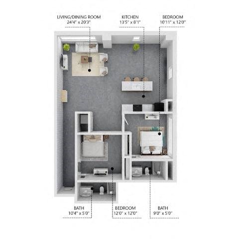 Floor plan for 2 beds, 2 baths, 1198 sqft